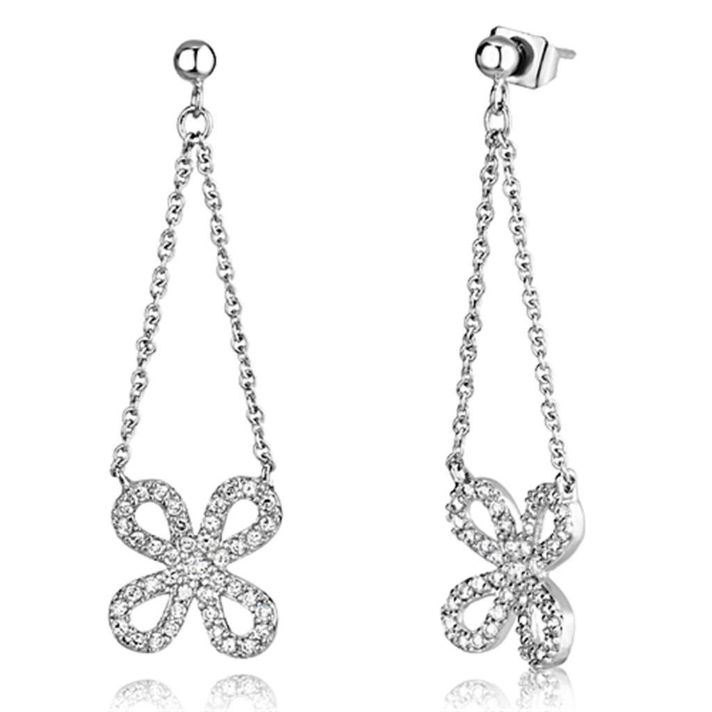 JCE354 Rhodium Brass Earrings with AAA Grade CZ  in Clear